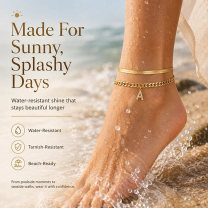 ✨ Gold Initial Anklet – 14K Gold Plated, Waterproof Adjustable Letter Pendant, Stackable Beach Jewelry