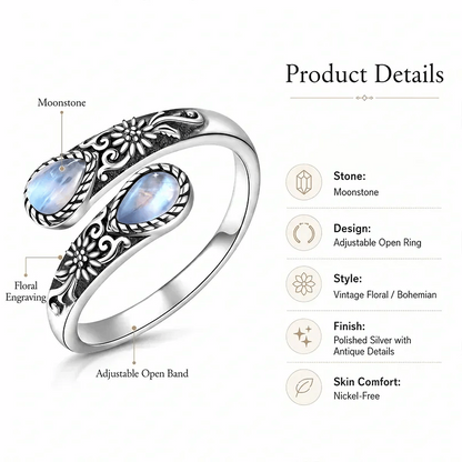 Moonstone Bloom Ring | Vintage Style • Adjustable Fit • Timeless Elegance