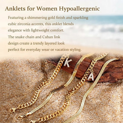 ✨ Gold Initial Anklet – 14K Gold Plated, Waterproof Adjustable Letter Pendant, Stackable Beach Jewelry