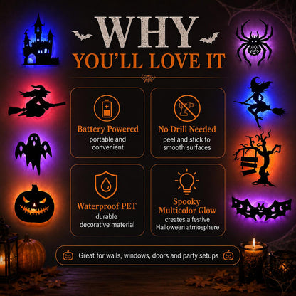 🔥LAST DAY 49% OFF | 🎃 Halloween LED Wall Light Stickers, No Drill No Residue, 8 Spooky Silhouette Designs
