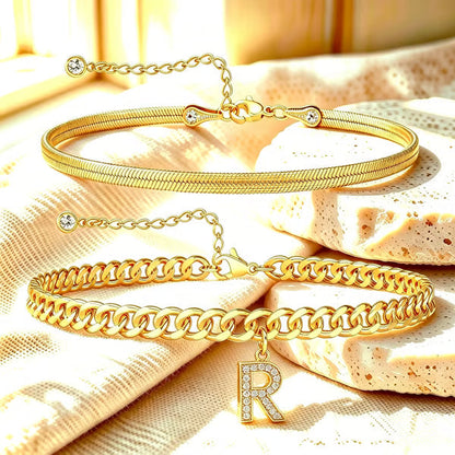✨ Gold Initial Anklet – 14K Gold Plated, Waterproof Adjustable Letter Pendant, Stackable Beach Jewelry